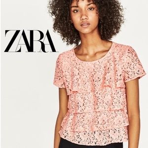 ZARA Basic Cropped Ruffle Lace Top Pink Small NWOT